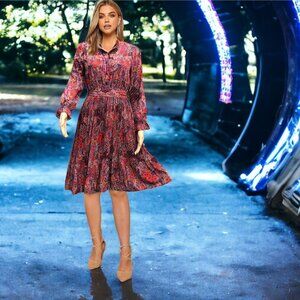 PAISLEY Beautiful Multicolor Long Sleeve Dress Pleated Skirt Size 14